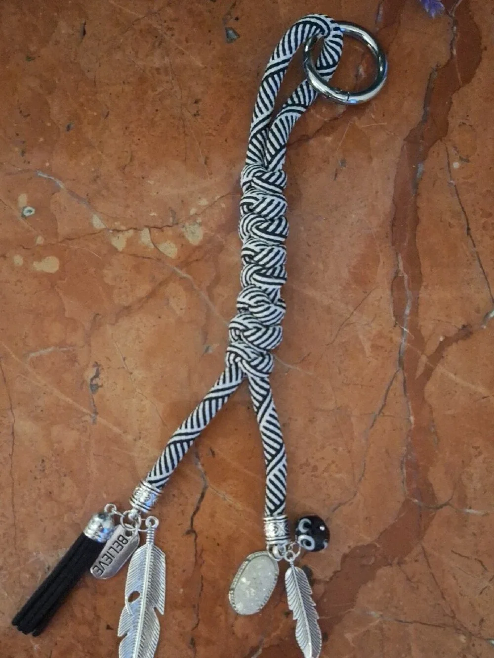 Boho Black & White Braided Tassel Bag Charm Keychain with Feather Charms